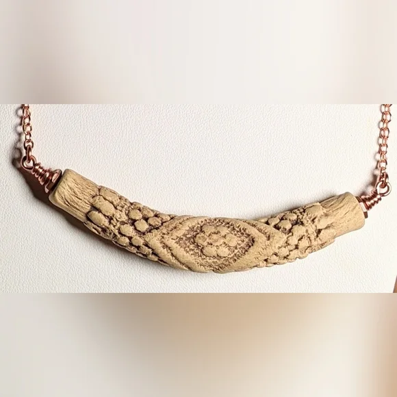 Vintage Embossed Ceramic Bar Necklace Artisan Crafted Jewelry Pure Copper Chain - Picture 9 of 16